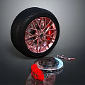 Car Wheel With Red Rim Black Tire Brake Disc And Nearby Tools
