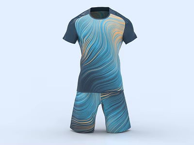 Modern Blue Gold Wavy Pattern Short Sleeve Sports Outfit With Shorts 3d model