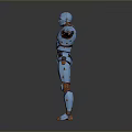 Standing Blue Robot Character With Orange Accents Armor And Reflective Floor