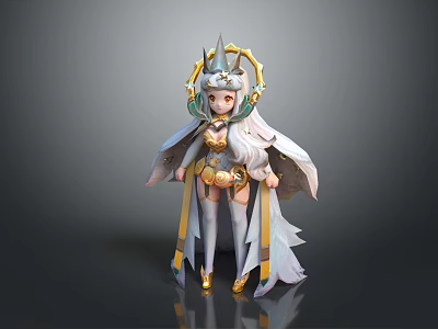 Fantasy Female Character Featuring Mythical Creature Wings And Horned Headdress In Golden White Attire 3d model