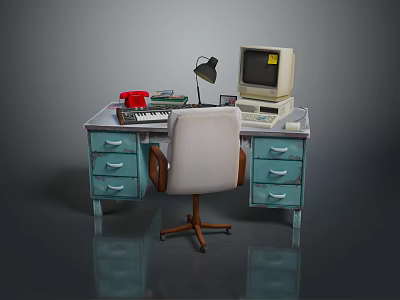 Vintage Office Desk Setup With Old Computer Red Telephone And Chair 3d model