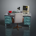 Vintage Office Desk Setup With Old Computer Red Telephone And Chair