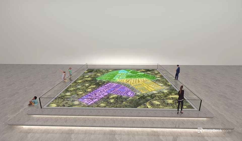 People Viewing Colorful Glowing Floor Installation In Exhibition Area With Railing 3d model 