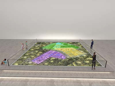 People Viewing Colorful Glowing Floor Installation In Exhibition Area With Railing 3d model