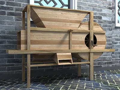 Traditional Wooden Agricultural Equipment with Inclined Feeding Hopper and Circular Component for Grain Sorting 3d model