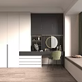 Modern White and Black Wardrobe With Dressing Table Area Round Mirror Green Chair and Drawers
