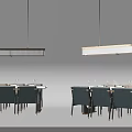 Modern Rectangular Dining Table Set with Blue Chairs and Pendant Lights 3d model
