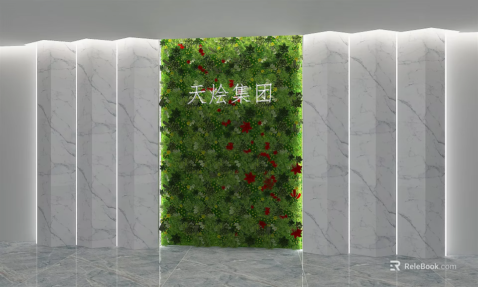 Green Plant Wall with Red Flowers in Modern Lobby Featuring Marble Walls 3d model 