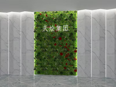 Green Plant Wall with Red Flowers in Modern Lobby Featuring Marble Walls 3d model