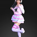 Woman Wearing Pink Top With Black Heart Design Cat Ears Headphones And Pink Plaid Skirt