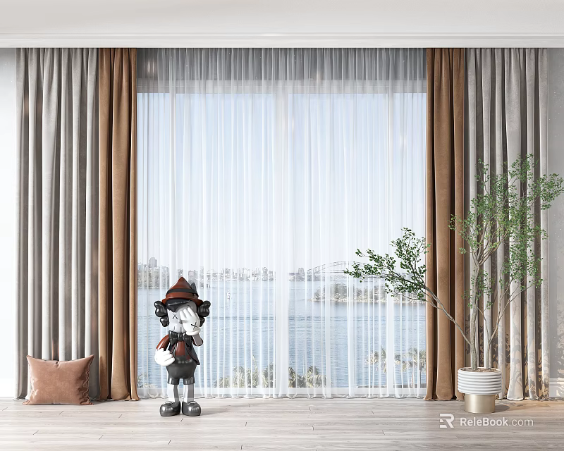 Gray Thick Curtains With White Sheer And Green Plant Near Window With Sea View 3d model 
