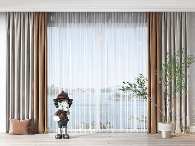 Gray Thick Curtains With White Sheer And Green Plant Near Window With Sea View 3d model