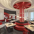 Modern Hot Pot Restaurant Open Space Red Accents Round Column Pendant Lights Dining Tables Seats