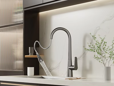 Kitchen Sink Area With Modern Faucet Marble Wall Countertop White Cup And Green Plant 3d model