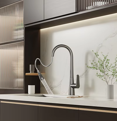 Kitchen Sink Area With Modern Faucet Marble Wall Countertop White Cup And Green Plant 3d model