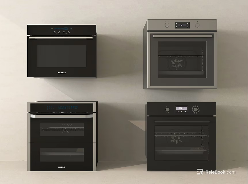 Modern Stylish Kitchen Appliances Featuring Four Different Oven Designs And Colors 3d model 