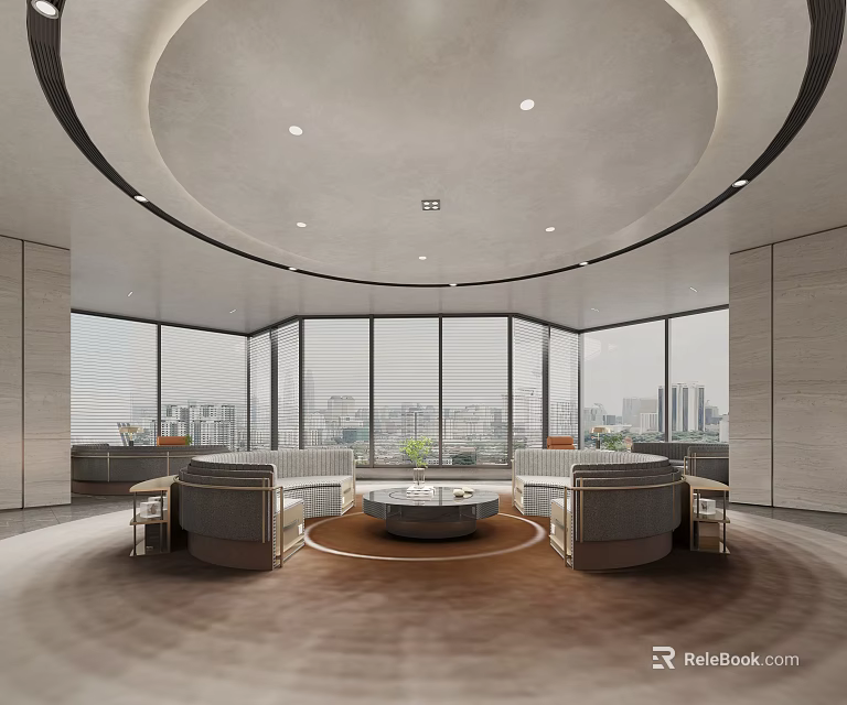Modern Sales Office Interior With Circular Ceiling Large Windows And City View 3d model 