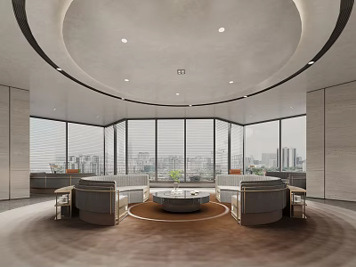 Modern Sales Office Interior With Circular Ceiling Large Windows And City View 3d model