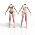 Blue And Beige Women's Bikini Sets With High Heels On Display Mannequins