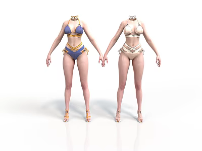 Blue And Beige Women's Bikini Sets With High Heels On Display Mannequins 3d model