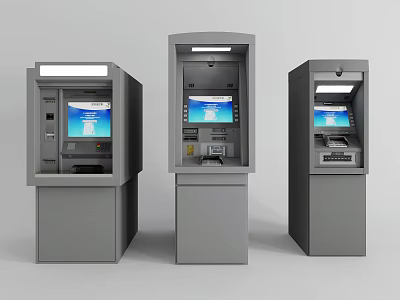 Three Modern Public ATM Machines With Digital Screens And Cash Dispensers 3d model