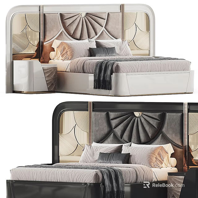 Elegant Modern Double Bed Interior With Tufted Headboard And Decorative Pillows 3d model 