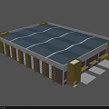 Modern Industrial Warehouse Building With Blue Roof Yellow Accents Windows And Entrance Area