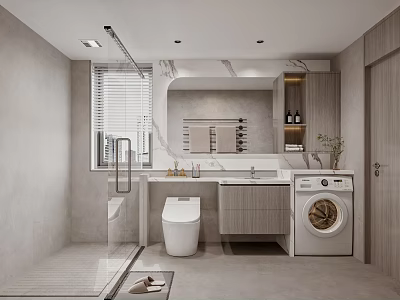 Modern Bathroom With Washing Machine Toilet And Shower Area 3d model