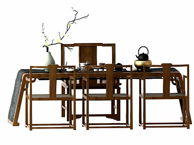 Traditional Wooden Tea Table And Chairs With Teapot Vase And Decorative Branches 3d model