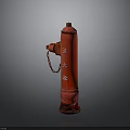 Red Fire Hydrant With Metal Construction And Chain Attachment On Gray Background