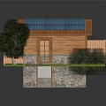 Wooden Cabin With Solar Panels On Roof Wooden Fence Grass Lawn Tree And Shrubs