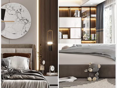 Elegant Modern Bedroom Interior With Bed Nightstand Lamp Round Marble Decorative Art And Stuffed Bear 3d model