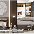 Elegant Modern Bedroom Interior With Bed Nightstand Lamp Round Marble Decorative Art And Stuffed Bear