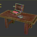 Rustic Wooden Long Table With Open Box Pink Items And Small Bowl