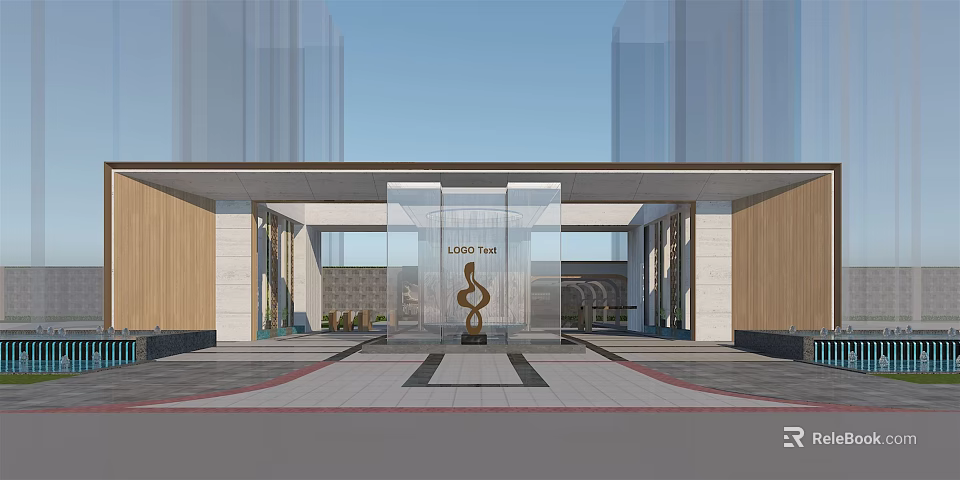 Modern Entrance Gate with Glass Structure and Bronze Sculpture Surrounded by Tall Buildings 3d model 