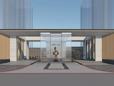 Modern Entrance Gate with Glass Structure and Bronze Sculpture Surrounded by Tall Buildings 3d model