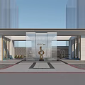 Modern Entrance Gate with Glass Structure and Bronze Sculpture Surrounded by Tall Buildings