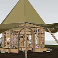 Outdoor Garden Landscape With Tent Structure Wooden Deck Bookshelves And String Lights