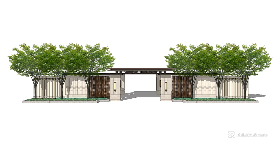 Traditional Chinese Entrance Gate Design With Green Trees And Stone Walls 3d model 
