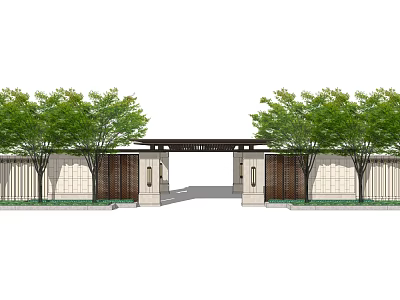 Traditional Chinese Entrance Gate Design With Green Trees And Stone Walls 3d model