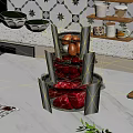 Transparent Stacked Storage Containers With Eggs Strawberries Raw Meat On Marble Dining Table In Kitchen