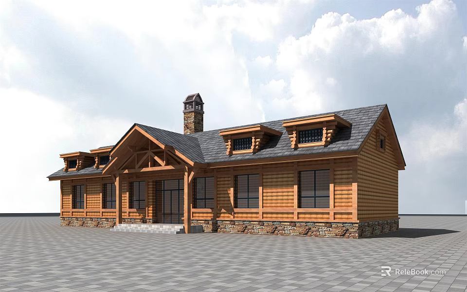 Rustic Log Cabin With Dark Roof Chimney Porch Multiple Windows And Stone Foundation 3d model 