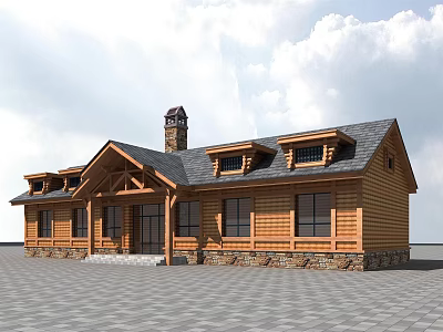 Rustic Log Cabin With Dark Roof Chimney Porch Multiple Windows And Stone Foundation 3d model