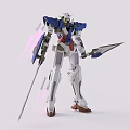 Detailed Blue and White Robot Model Featuring Large Sword With Pink Beams Behind