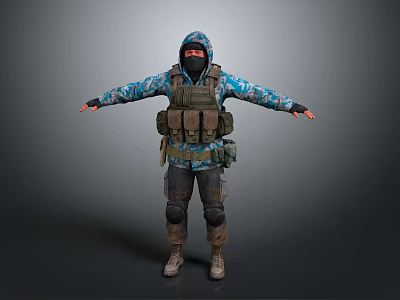 Hooded Tactical Character In Blue Camouflage With Red Mask Tactical Vest Knee Pads And Boots 3d model