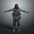 Hooded Tactical Character In Blue Camouflage With Red Mask Tactical Vest Knee Pads And Boots