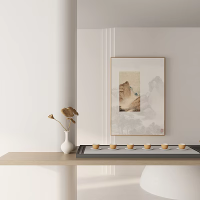 Neatly Arranged Small Teacups On Table With White Vase Dried Flowers And Chinese Landscape Painting 3d model