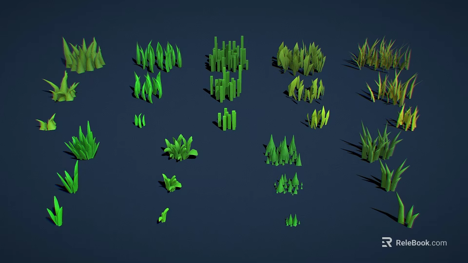 Varied Green Grass Collection with Different Shapes Sizes on Dark Blue Background 3d model 