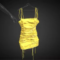 Yellow Spaghetti Strap Ruched Dress With Drawstring Details On Mannequin And Hanger