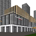Modern Commercial Street With Glass Facades Wooden Accents Outdoor Seating Parasols And Green Lawn
